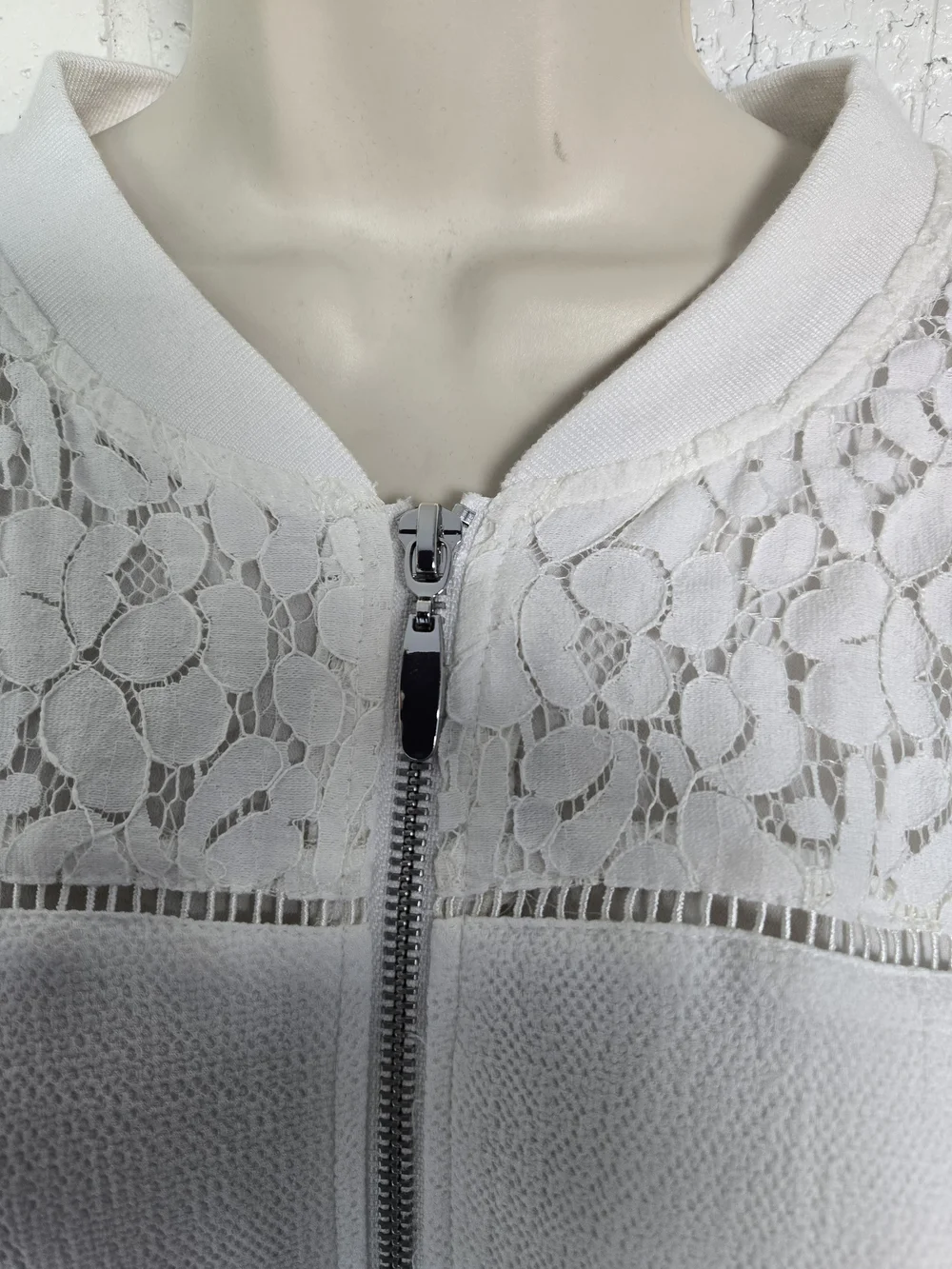 1210 Christopher & Banks White Lace-Sleeve Zip Bomber Jacket